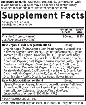 Garden of Life Whole Food Vitamin C Code Raw Capsules, 500mg, Fruit & Veggie Blend, Probiotics Supplements for Adults, Vegan, Gluten Free, Orange, 60 Count