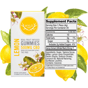 Wyld CBD, Lemon Gummies, Broad Spectrum THC-Free, 20ct, 500mg CBD