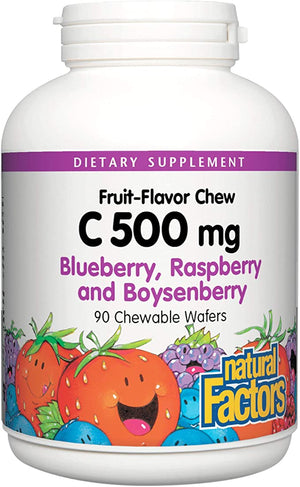 Natural Factors 100% Natural Fruit Chew C Blueberry Raspberry and Boysenberry, 500 mg, 90 Chewable Wafers