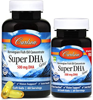 Carlson - Super DHA Gems, 500 mg DHA Supplements, 640 mg Fatty Acids, Wild-Caught Norwegian Arctic Fish Oil Concentrate, Sustainably Sourced Nordic Fish Oil Capsules, 60+20 Softgels