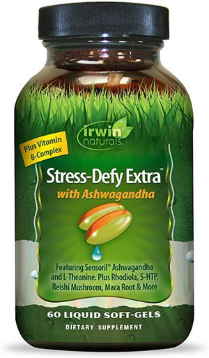 Irwin Naturals Stress Defy Extra with Ashwagandha - Calm & Focused Stress Management with Rhodiola, 5HTP, Reishi & Maca - 60 Liquid Softgels - Discount Nutrition Store