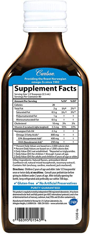 Carlson Kids Norwegian Fish Oil Dietary Supplement Natural Lemon, 800 mg, 6.7 fl oz