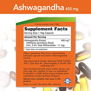NOW Foods Supplements, Ashwagandha (Withania somnifera) 450 Mg (Standardized Extract), 90 Veg Capsules