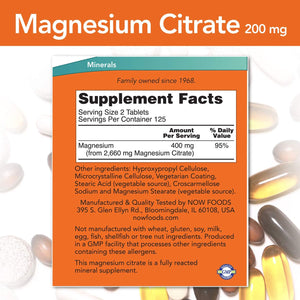 NOW Foods Magnesium Citrate, 200 mg, 250 Tablets