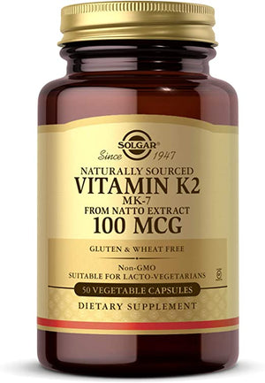 Solgar Vitamin K2 (MK-7) 100mcg, 50 Vegetable Capsules - Supports Bone Health - Natural Whole Food Source from Natto Extract - Non-GMO, Gluten Free - 50 Servings