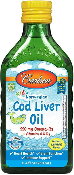 Carlson - Kid's Cod Liver Oil, 550 mg Omega-3s, Vitamins A & D3, Wild Norwegian, Lemon, 250 mL - Discount Nutrition Store