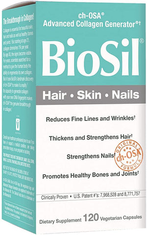 BioSil by Natural Factors, Hair, Skin, Nails, Supports Healthy Growth and Strength, Vegan Collagen, Elastin and Keratin Generator, 120 capsules (120 servings) - Discount Nutrition Store
