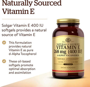 Solgar Vitamin E 268 mg (400 IU), 250 Alpha Softgels - Natural Antioxidant, Skin & Immune System Support - Naturally-Sourced Vitamin E - Gluten Free, Dairy Free - 250 Servings