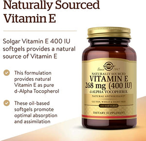 Solgar Vitamin E 268 mg (400 IU), 250 Alpha Softgels - Natural Antioxidant, Skin & Immune System Support - Naturally-Sourced Vitamin E - Gluten Free, Dairy Free - 250 Servings