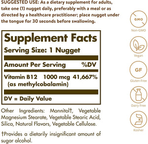 Solgar Methylcobalamin ( Vitamin B12 ) 1000 mcg , 60 Nuggets Supports Energy Metabolism - Active Form of Vitamin B12 - Non-GMO , Vegan , Gluten Free , Dairy Free , Kosher - 60 Servings