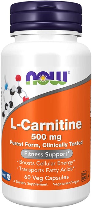 NOW Supplements, L-Carnitine 500mg, Purest Form, Amino Acid, Fitness Support*, 60 Veg Capsules