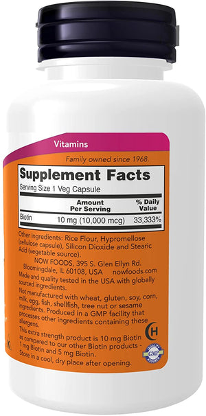 NOW Biotin Extra Strength, 10 mg, 120 Vegetarian Capsules