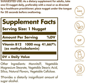 Solgar Methylcobalamin (Vitamin B12) 1000 mcg, 30 Nuggets - Supports Energy Metabolism - Body-Ready, Active Form of B12 - Vitamin B - Non GMO, Vegan, Gluten, Dairy Free, Kosher - 30 Servings