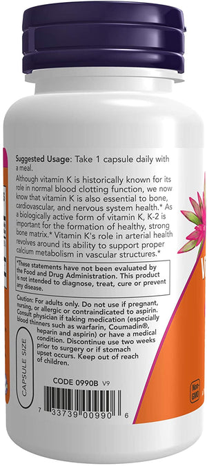 NOW Foods Vitamin K-2, 100 mcg, 100 Vegetarian Capsules