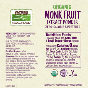 Certified Organic Monk Fruit Extract Powder, Zero Calorie Sweetener, Large Bottle for Serving Scoop, Certified Non-GMO, 0.7-Ounce