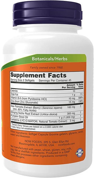 NOW Supplements, Prostate Support, with Standardized Saw Palmetto, Stinging Nettle & Lycopene, 90 Softgels