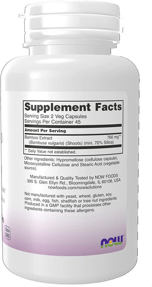 NOW Solutions, Bamboo Silica Beauty, Support for Hair, Skin & Nails, Standardized to 70% Silica, 90 Veg Capsules