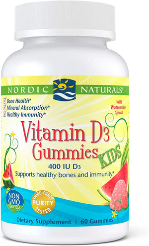 Nordic Naturals Vitamin D3 Gummies Kids, Wild Watermelon Splash - 60 Gummies - 400 IU Vitamin D3 - Bone Health, Healthy Immunity - Non-GMO, Vegetarian - 60 Servings