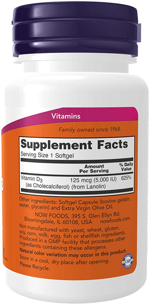 NOW Foods Vitamin D-3, 5000 IU, 120 Softgels