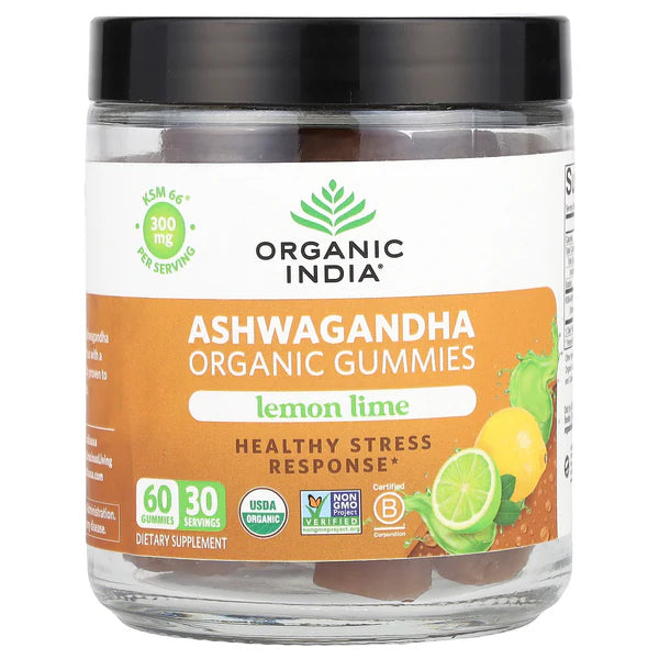 ORGANIC INDIA Ashwagandha Gummies for Men &amp; Women - Stress Supplement, KSM-66 Ashwagandha Root, Extra Strength, Calm Chews, Vegan, Non-GMO - Lemon Lime, 60 Gummies