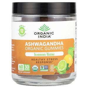 ORGANIC INDIA Ashwagandha Gummies for Men & Women - Stress Supplement, KSM-66 Ashwagandha Root, Extra Strength, Calm Chews, Vegan, Non-GMO - Lemon Lime, 60 Gummies