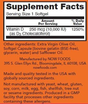 NOW Foods Supplements, Vitamin D-3 10,000 IU, Highest Potency, Structural Support*, 200 Softgels