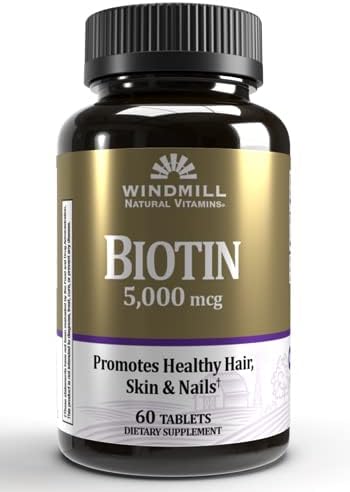 Windmill Natural Vitamins Biotin 5000 mcg, Supports Healthy Hair, Skin &amp; Nails, Metabolism Booster, 60 Count, 60 Servings