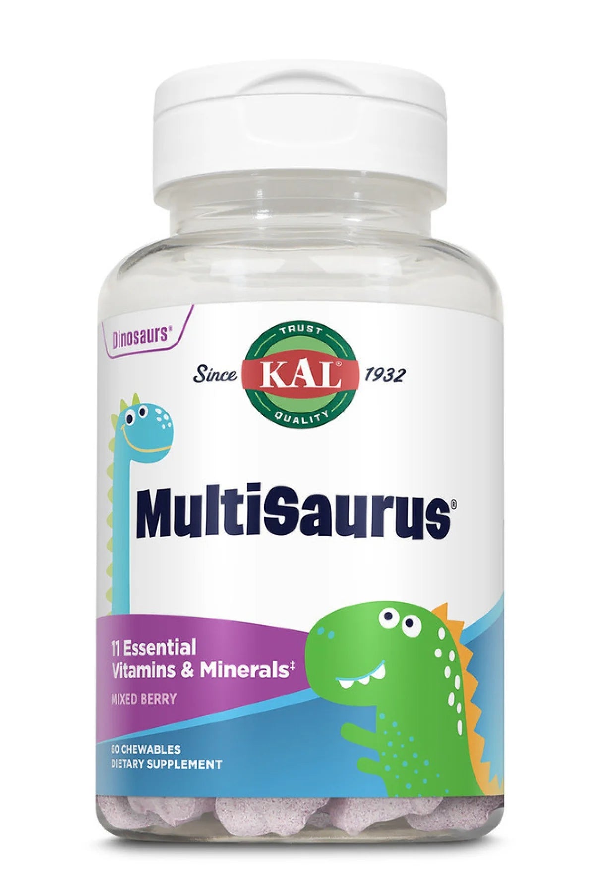 KAL MultiSaurus Kids Chewable Multivitamins, 11 Essential Vitamins and Minerals for Kids, Mixed Berry Flavor, Gluten and Preservative Free, 60 Servings, 60 Dinosaur-Shaped Chewables