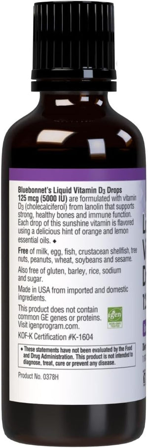 Bluebonnet Nutrition Liquid Vitamin D3 Drops 5000 IU, Aids in Muscle and Skeletal Growth, D3, Non GMO, Gluten Free, Soy Free, Dairy Free, Kosher, Citrus Flavor  1 Fl Oz