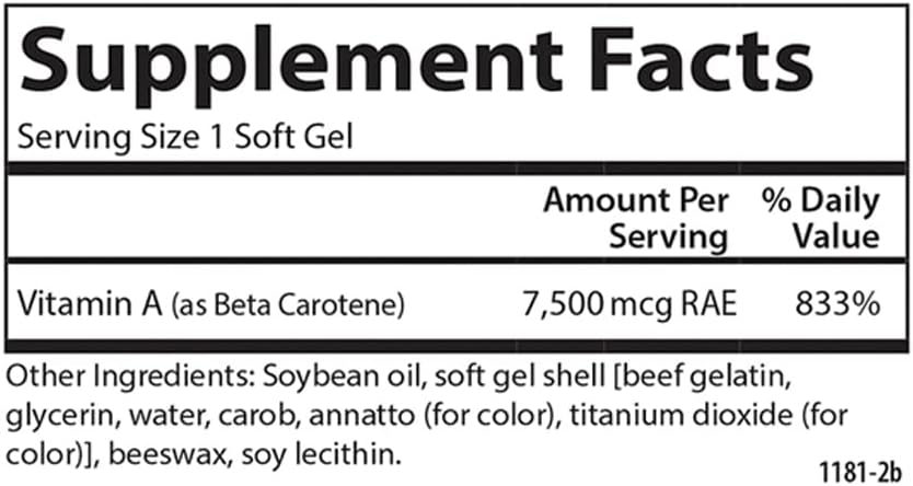 Carlson - Super Beta Carotene, 25000 IU (15 mg), Vitamin A as Beta Carotene, Bioavailable and Bioactive Form, Vision Health, Healthy Skin, 100 Softgels