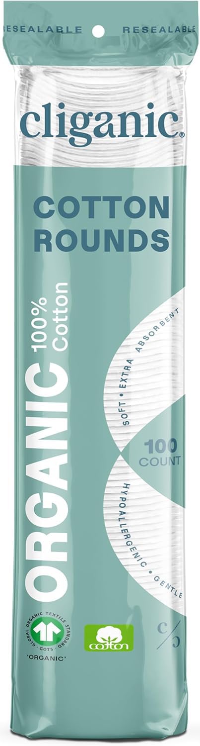 Cliganic Organic Cotton Rounds for Face (100 Count) | Makeup Remover Pads, Hypoallergenic, Lint-Free | 100% Pure Cotton