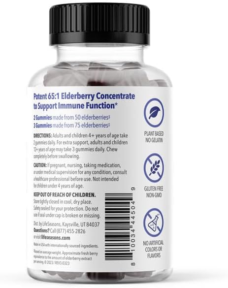 LifeSeasons Clinical Immunity - Elderberry Gummies - Supports a Healthy Immune System - 25 Elderberries Per Gummy - Maltodextrin-Free - Vitamin C, Vitamin D3, Zinc &amp; Elderberry Extract - 75 Gummies