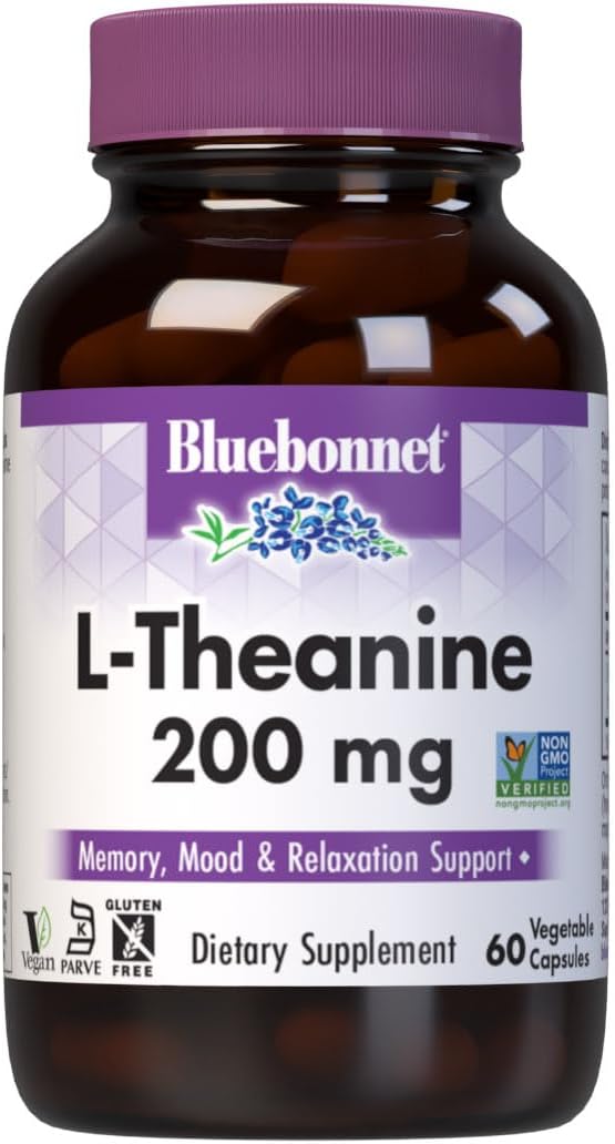 Bluebonnet Nutrition L-Theanine 200mg, Free-Form Amino Acid, Promotes Relaxation*, Soy-Free, Gluten-Free, Non-GMO, Kosher Certified, Vegan, 60 Vegetable Capsules, 60 Servings