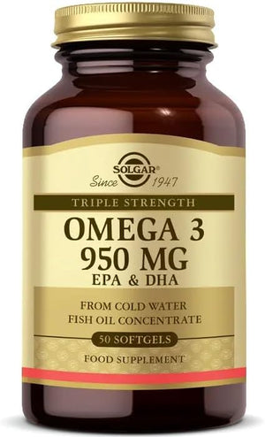 SOLGAR Triple Strength Omega 3 950 mg - 50 Softgels - Supports Joint & Skin Health - Non-GMO, Gluten Free, Dairy Free - 50 Servings