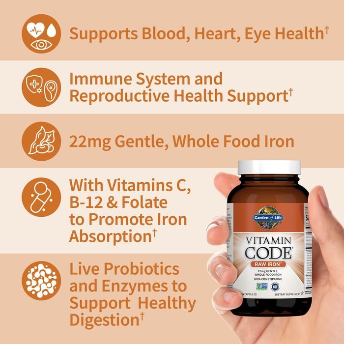 Garden of Life Vitamin Code Raw Iron Supplement - 30 Vegan Capsules, 22mg Once Daily Iron, Vitamins C, B12, Folate, Fruit, Veggies &amp; Probiotics, Iron Supplements for Women, Energy &amp; Anemia Support