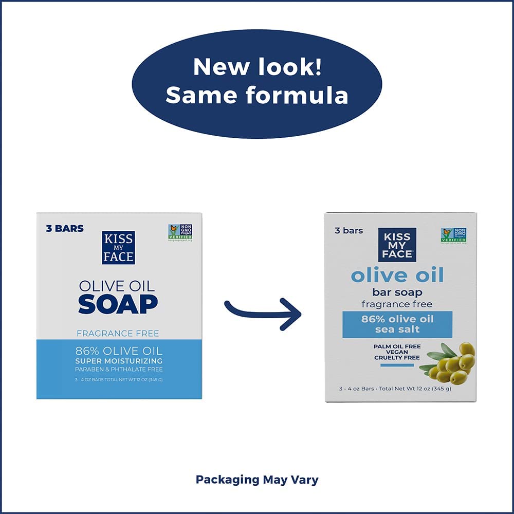 Kiss My Face Olive Oil Fragrance Free Bar Soap, Moisturizing Bar Soap, Cruelty Free Vegan Soap, Palm Oil Free, 4 Oz - 3 Count