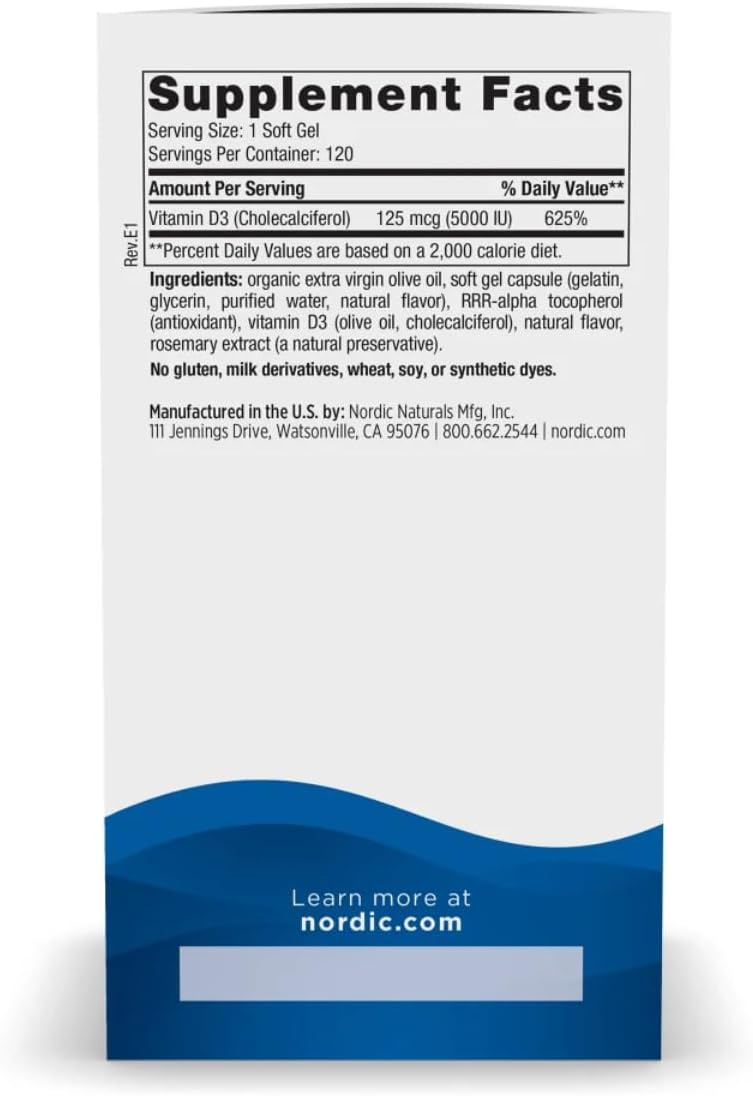 Nordic Naturals Vitamin D3 5000, Orange - 120 Mini Soft Gels - 5000 IU Vitamin D3 - Supports Healthy Bones, Mood &amp; Immune System Function - Non-GMO - 120 Servings