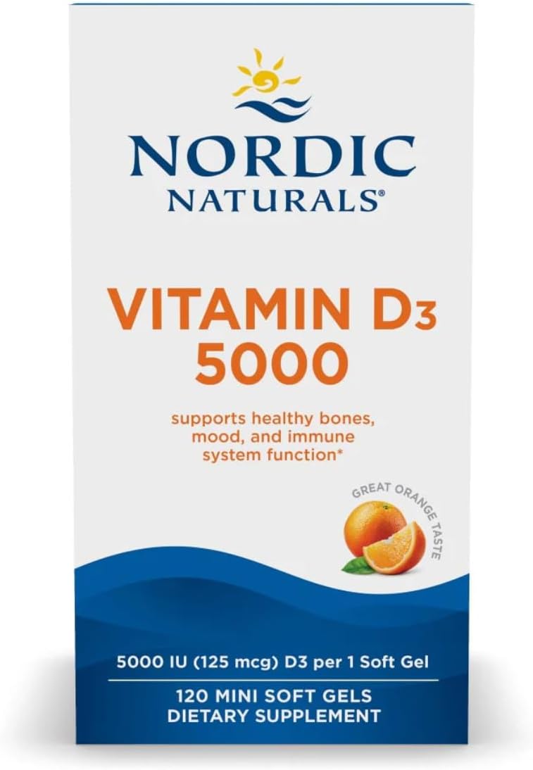 Nordic Naturals Vitamin D3 5000, Orange - 120 Mini Soft Gels - 5000 IU Vitamin D3 - Supports Healthy Bones, Mood &amp; Immune System Function - Non-GMO - 120 Servings