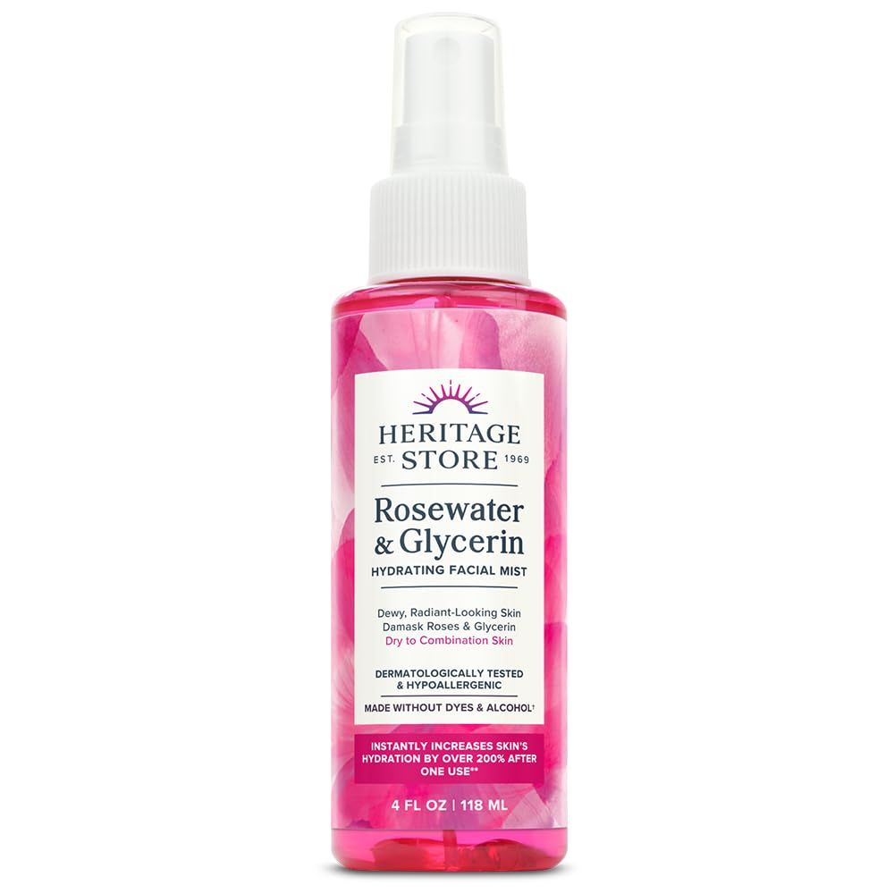 HERITAGE STORE Rosewater &amp; Glycerin Hydrating Facial Mist - Dry Combination Skin Care - Rose Water Spray w/ Vegetable Glycerine, Made Without Dyes or Alcohol, Hypoallergenic, Vegan, Cruelty Free, 4oz