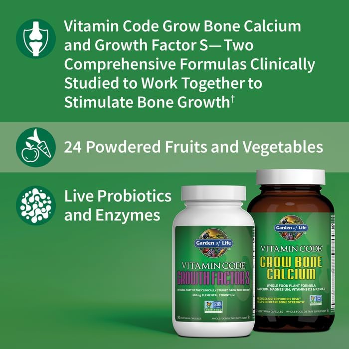 Garden of Life Calcium Supplement - Vitamin Code Grow Bone Made with Whole Foods, Strontium, Magnesium, K2 MK7, Vitamin D3 &amp; C Plus Probiotics for Gut Health, 30 Day Supply