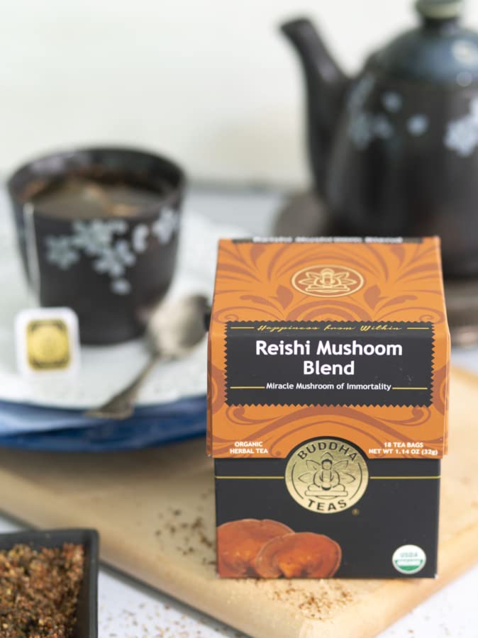 Buddha Teas - Organic Reishi Mushroom Blend - Herbal Tea - For Health &amp; Wellbeing - With Antioxidants &amp; Minerals - Clean Ingredients - Caffeine Free - OU Kosher &amp; Non-GMO - 18 Tea Bags