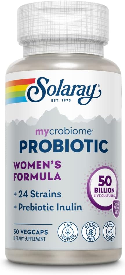 SOLARAY Mycrobiome Probiotic Women’s Formula, 24 Strains Plus Prebiotic Inulin, Specially Formulated for Women, Digestion, Mood &amp; Urinary Tract Support, 50 Billion CFU, 30 Servings, 30 VegCaps