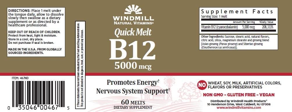 Windmill Quick Melt Vitamin B-12 5000 MCG Dietary Supplement, 60 Count