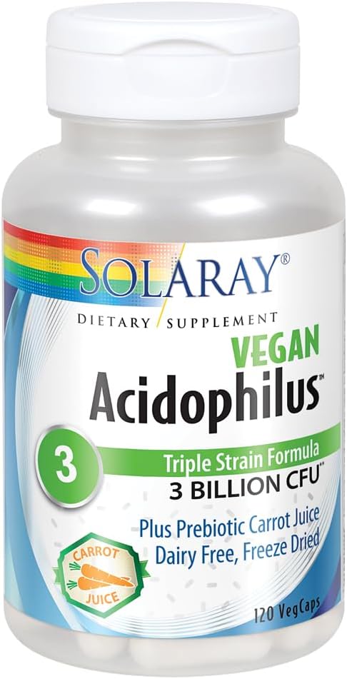 SOLARAY Acidophilus 3 Strain Probiotic &amp; Prebiotic Carrot Juice | 3 Billion CFU, Vegan &amp; Freeze Dried | 120 VegCaps