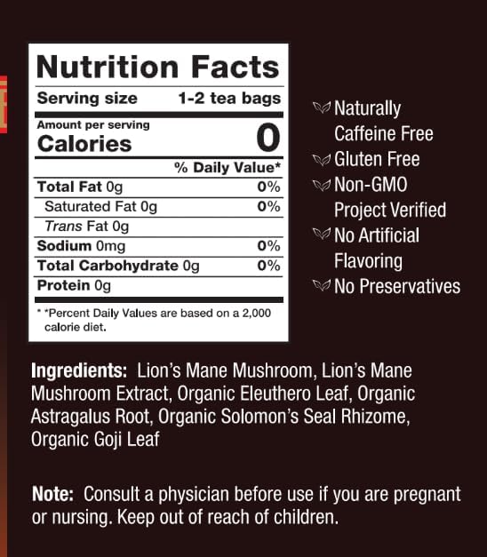 Bravo Tea Lion&#39;s Mane Mushroom Herbal Tea Caffeine Free, 20 tea bags, 1 count