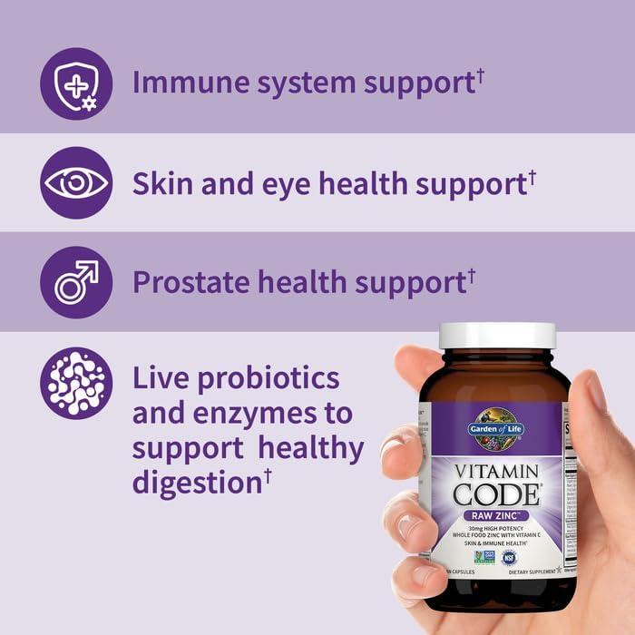 Garden of Life Zinc Supplements 30mg High Potency Raw Zinc and Vitamin C Multimineral Supplement, Vitamin Code Vitamins Trace Minerals &amp; Probiotics for Skin Health &amp; Immune Support, 60 Vegan Capsules