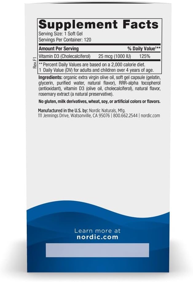 Nordic Naturals Vitamin D3 1000, Orange - 120 Mini Soft Gels - 1000 IU Vitamin D3 - Supports Healthy Bones, Mood &amp; Immune System Function - Non-GMO - 120 Servings