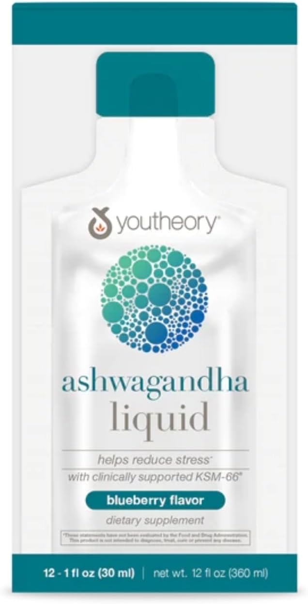 Youtheory Ashwagandha Liquid - Uses KSM-66 - Ashwagandha Supplement to Support Stress Relief* - Vegan - Dairy, Soy &amp; Gluten Free - 12 Single-Serving Packets