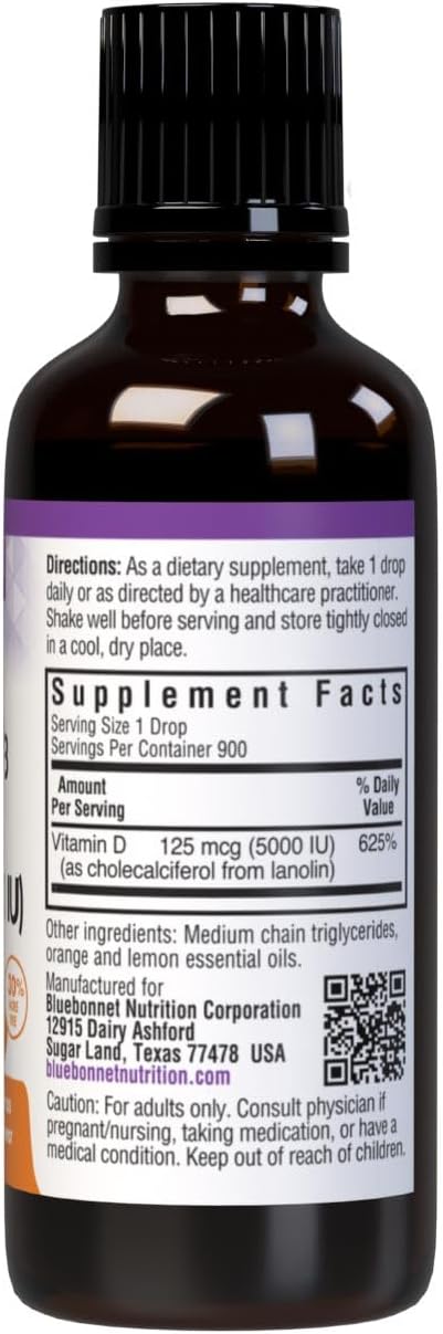 Bluebonnet Nutrition Liquid Vitamin D3 Drops 5000 IU, Aids in Muscle and Skeletal Growth, D3, Non GMO, Gluten Free, Soy Free, Dairy Free, Kosher, Citrus Flavor  1 Fl Oz