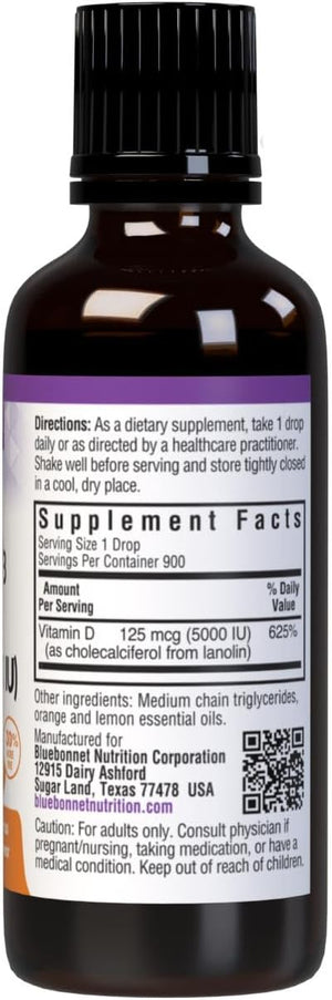 Bluebonnet Nutrition Liquid Vitamin D3 Drops 5000 IU, Aids in Muscle and Skeletal Growth, D3, Non GMO, Gluten Free, Soy Free, Dairy Free, Kosher, Citrus Flavor  1 Fl Oz